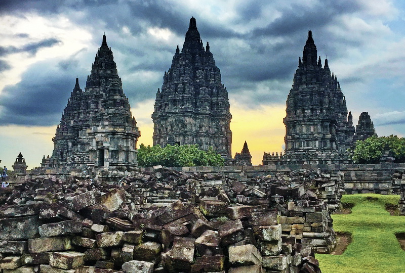 Prambanan. The central, walled area is fully restored although many smaller shrines - seen in the foreground - are yet to be reconstructed